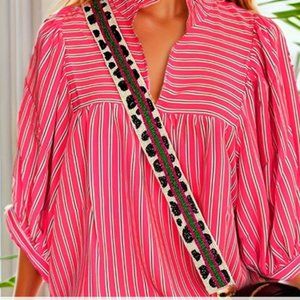 Pink Striped Print V Neck Blouse with Casual Half Sleeve